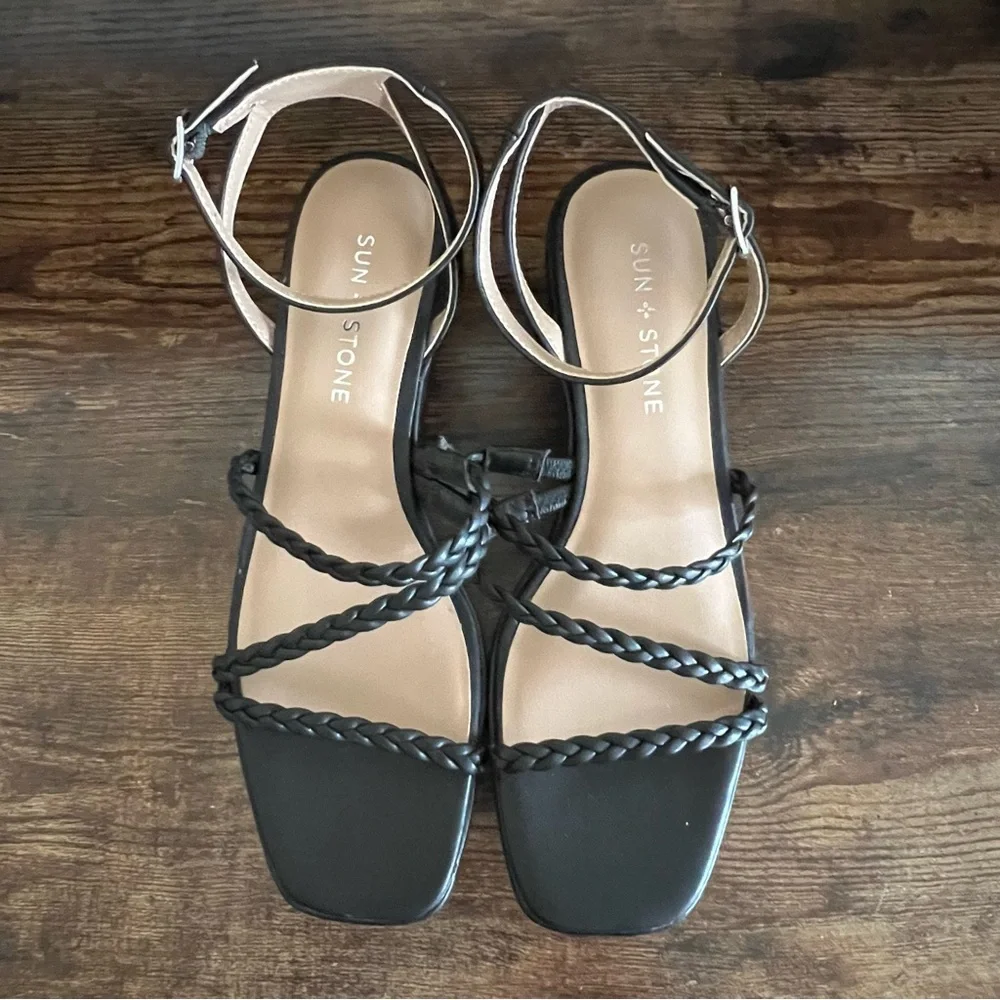 Sun + Stone Alyssaa Black Platform Wedge Braided Straps Ankle Strap‎ Women's 8